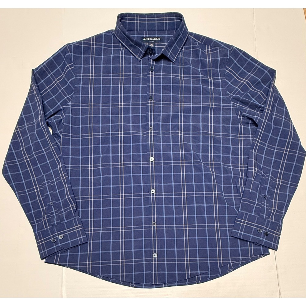 Mizzen+Main Leeward Dress Shirt Mens XL Trim No Tuck Navy Blue Plaid Performance